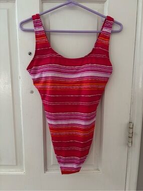 L.L.Bean One Piece Swimsuit 14 Reg Striped Pink Orange Built-In Bra UPF 50+